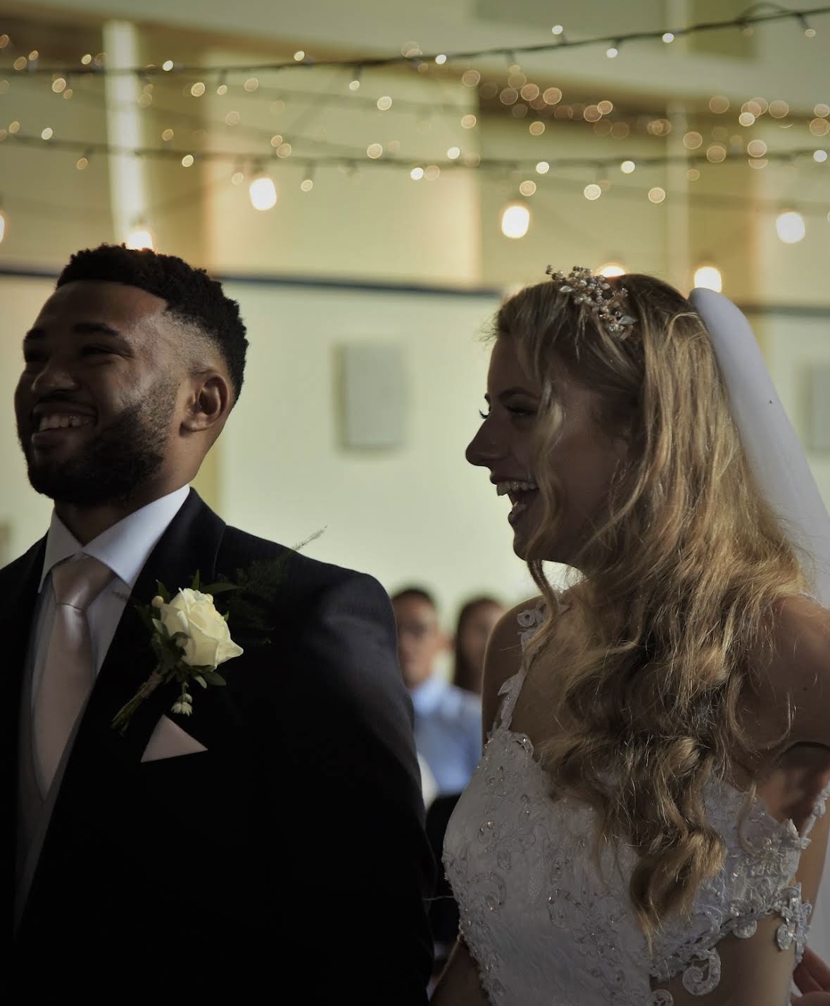 Newly married couple sharing a joyful moment